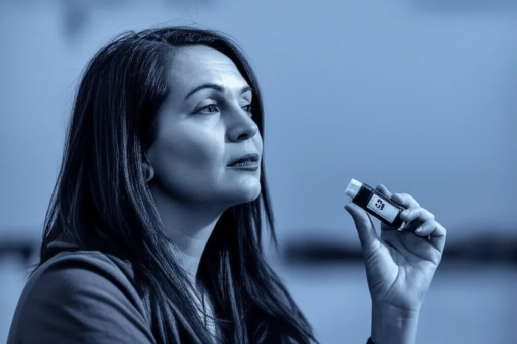Photorealistic portrait photography of a woman in her late 30s, thoughtful expression, looking towards the distance, holding a naloxone kit subtly in her hand. Prime lens, 35mm portrait, Depth of field, blue and grey duotones.
