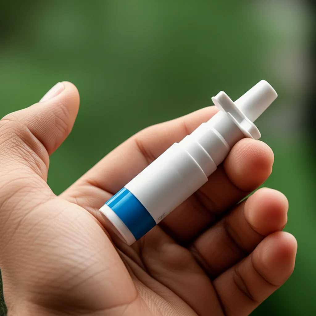 Photorealistic close-up macro lens shot of a naloxone nasal spray kit held gently in a hand. 60mm Macro lens, High detail, precise focusing, controlled lighting.