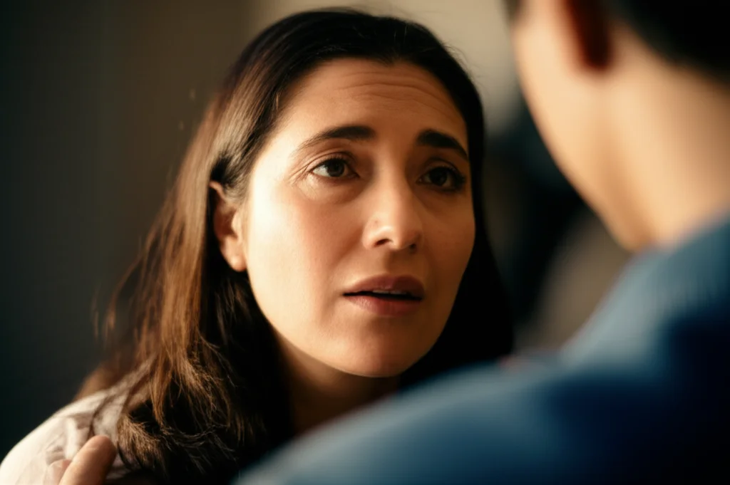 Photorealistic portrait photography of a woman, mid-30s, looking relieved and supported, perhaps being helped up by someone just out of frame. Prime lens, 35mm portrait, Depth of field, warm tones.