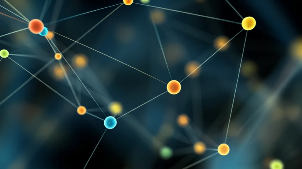 An abstract visualization of language structure, with interconnected nodes and lines representing words and meanings, 35mm portrait lens, depth of field.