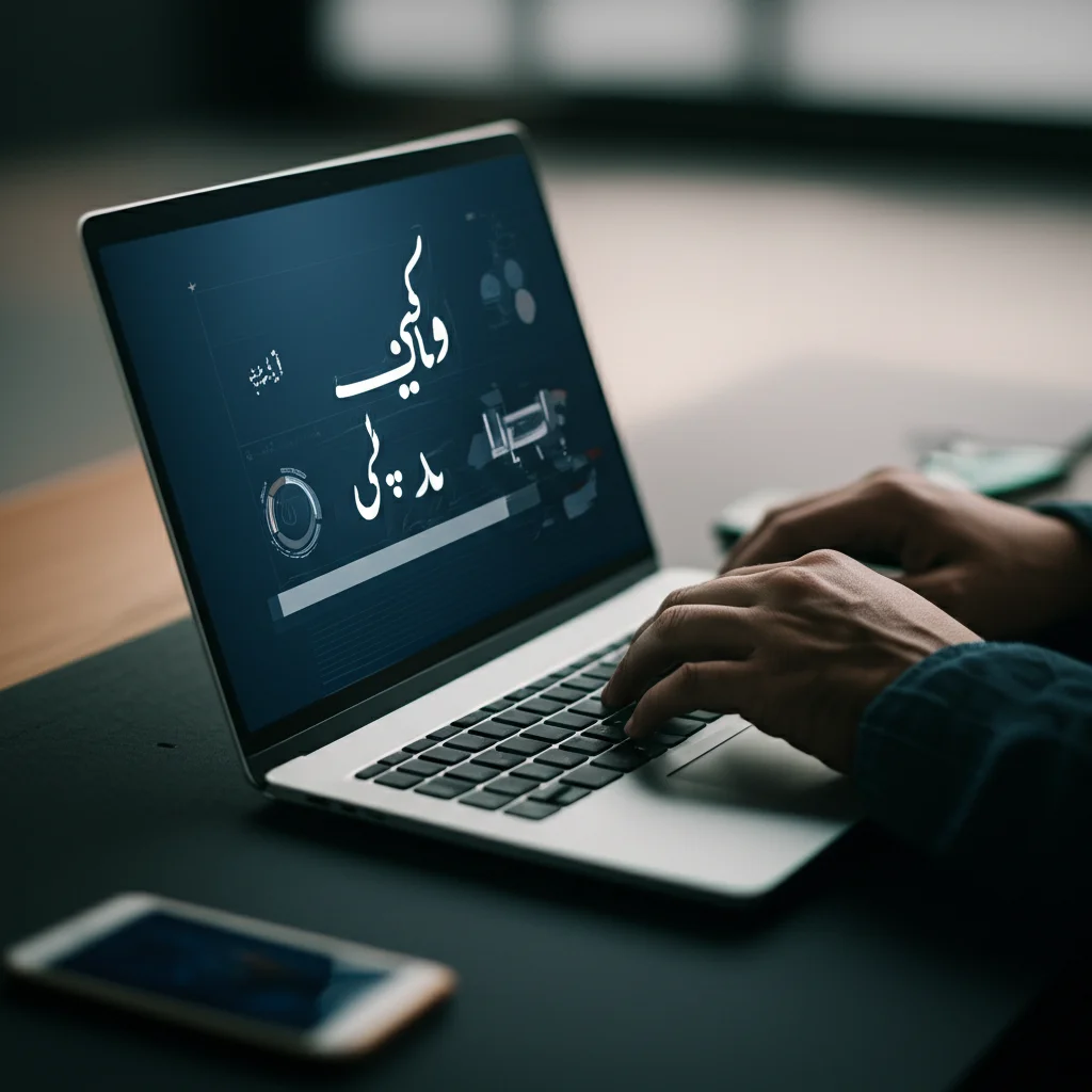 A person working on a laptop with Urdu text on the screen, overlaid with abstract data visualization, 35mm portrait lens, depth of field.