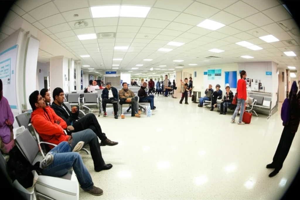 Wide-angle lens, 24mm, sharp focus, depicting a busy hospital emergency department waiting area with diverse people, hinting at the volume of patients seeking care.