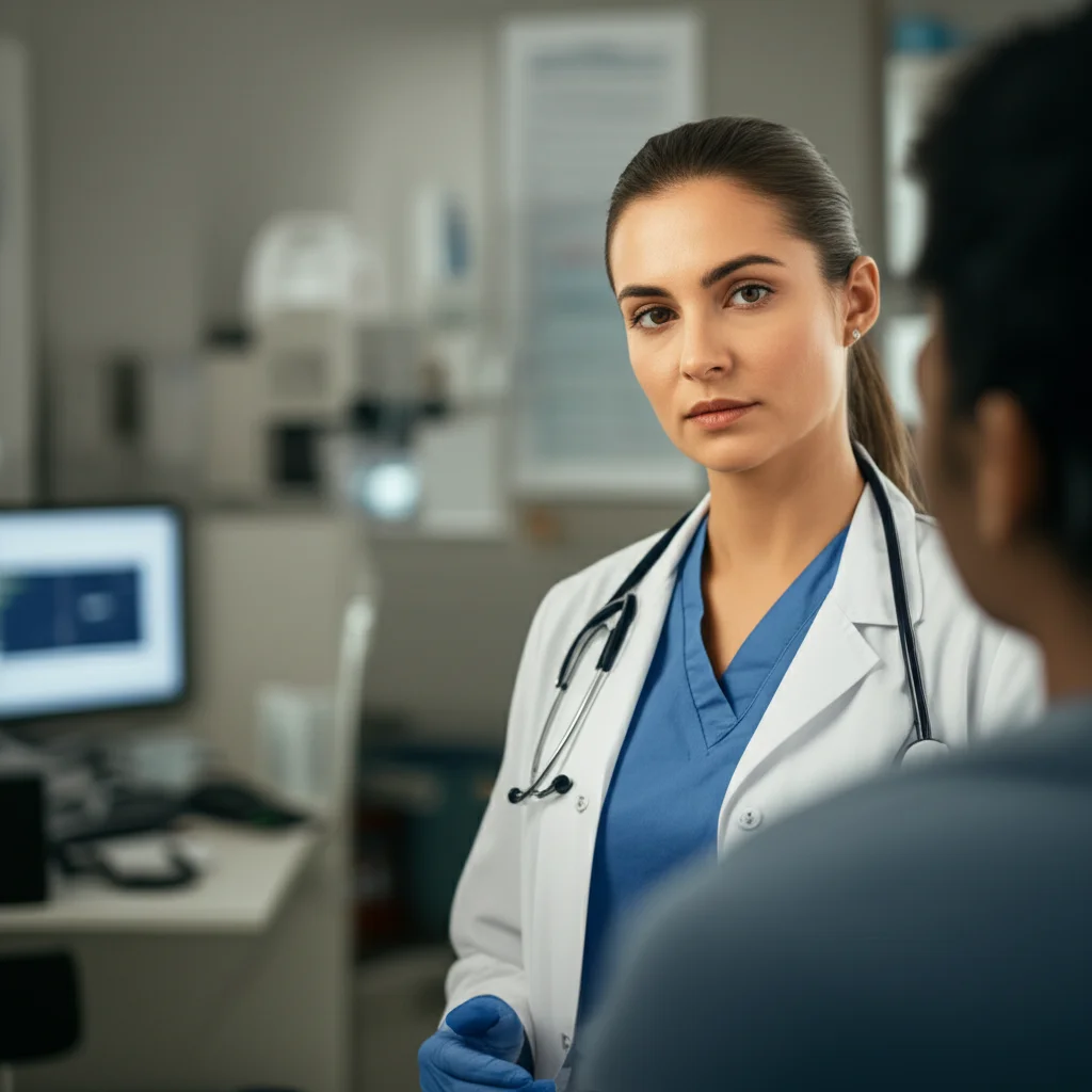 Portrait photography, 35mm portrait, depth of field, showing a healthcare professional in an emergency department setting having a serious conversation with a patient or colleague about medication.