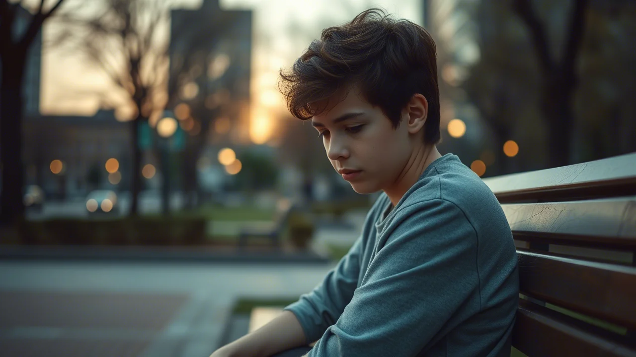 portrait photography, 35mm, depth of field, a teenager sitting alone, looking down, conveying a sense of isolation and vulnerability