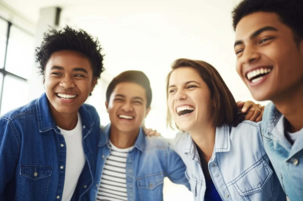 portrait photography, 24mm, depth of field, a group of diverse teenagers laughing and supporting each other in a bright, open space