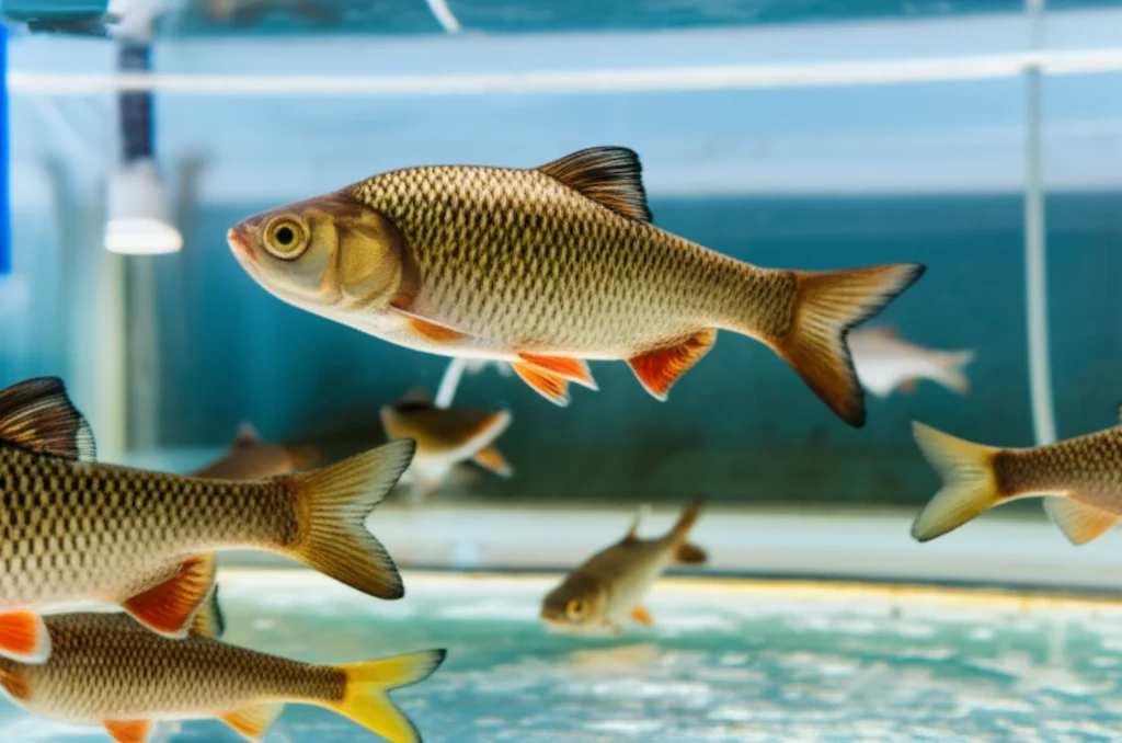 Photorealistic image of healthy Labeo rohita fingerlings swimming actively in a well-maintained aquaculture tank, wide-angle lens, 24mm, sharp focus, controlled lighting.