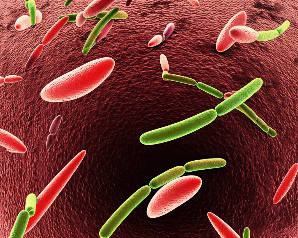 Macro lens, 100mm, high detail, precise focusing on a microscopic view showing different types of beneficial bacteria (probiotics) interacting.
