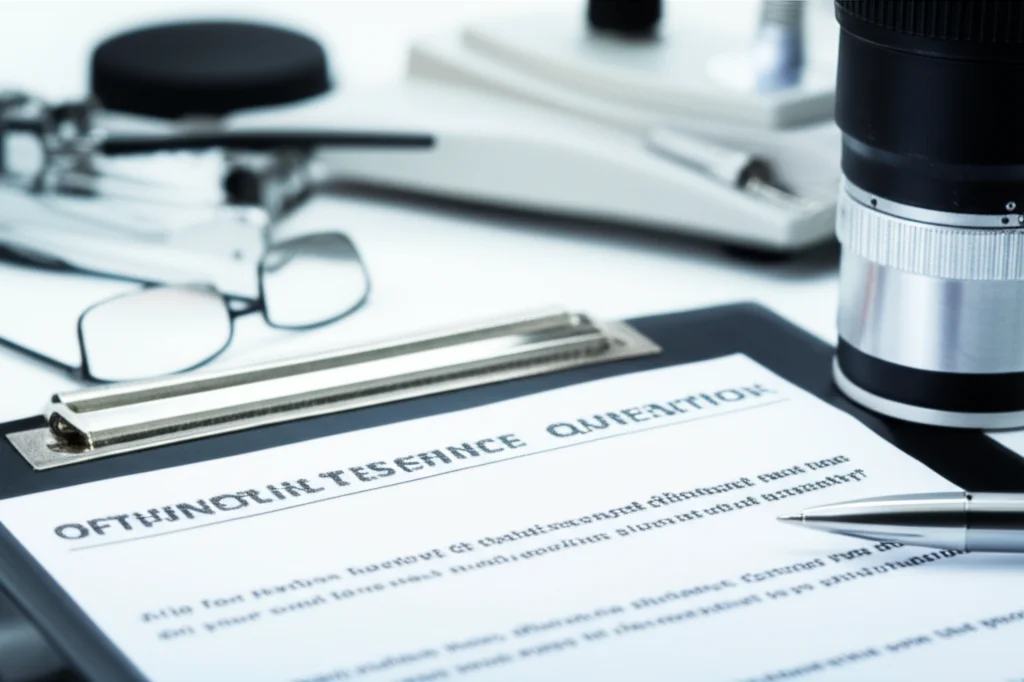 Photorealistic image, controlled lighting, precise focusing, macro lens, 60mm, high detail, still life of ophthalmic tools like a slit lamp and a questionnaire, symbolizing the combination of eye exams and patient surveys in a clinical setting.