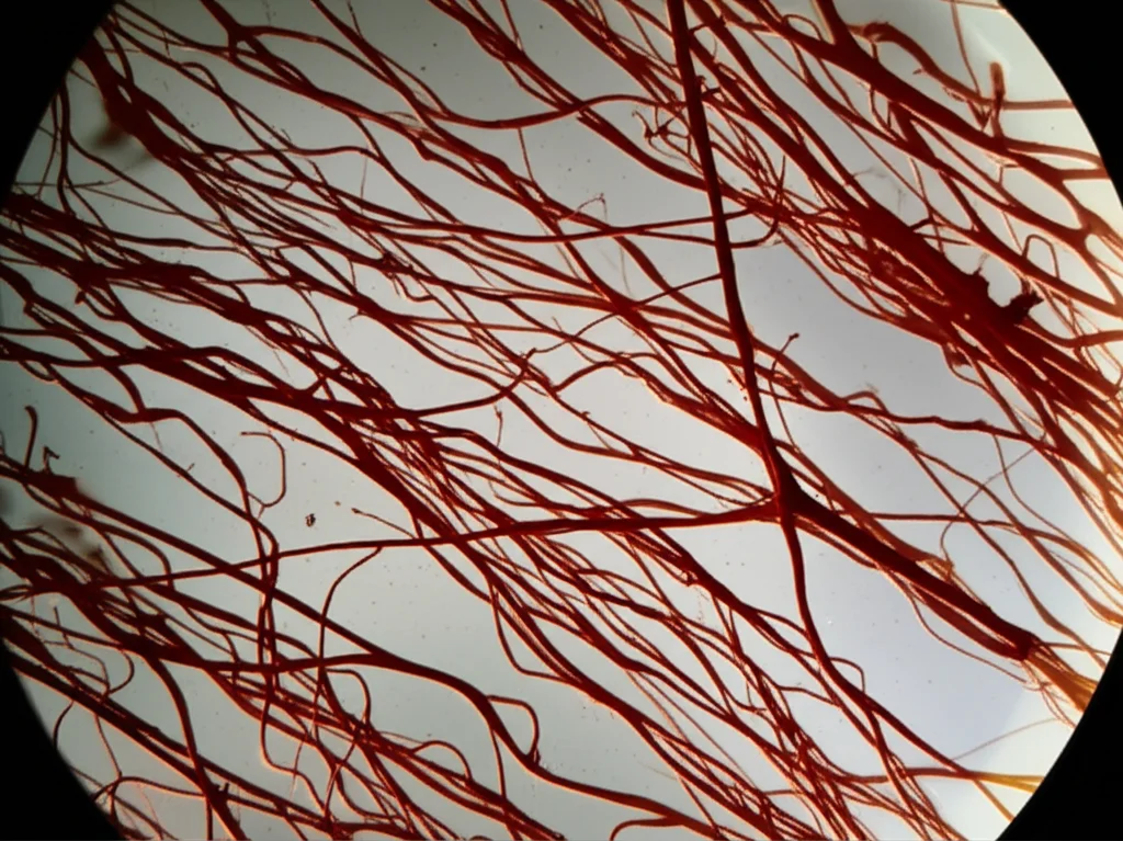 Photorealistic image, high detail, macro lens, 60mm, precise focusing, controlled lighting, close-up view simulating an in vivo confocal microscopy image of corneal nerves, showing reduced nerve density and abnormal microneuroma structures.