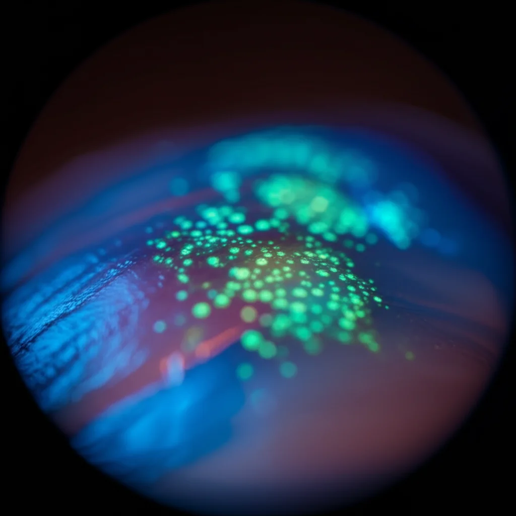 Photorealistic image, macro lens, 60mm, high detail, precise focusing, controlled lighting, still life image focusing on fluorescein-stained corneal surface under cobalt blue light, showing punctate staining patterns indicative of dry eye damage.