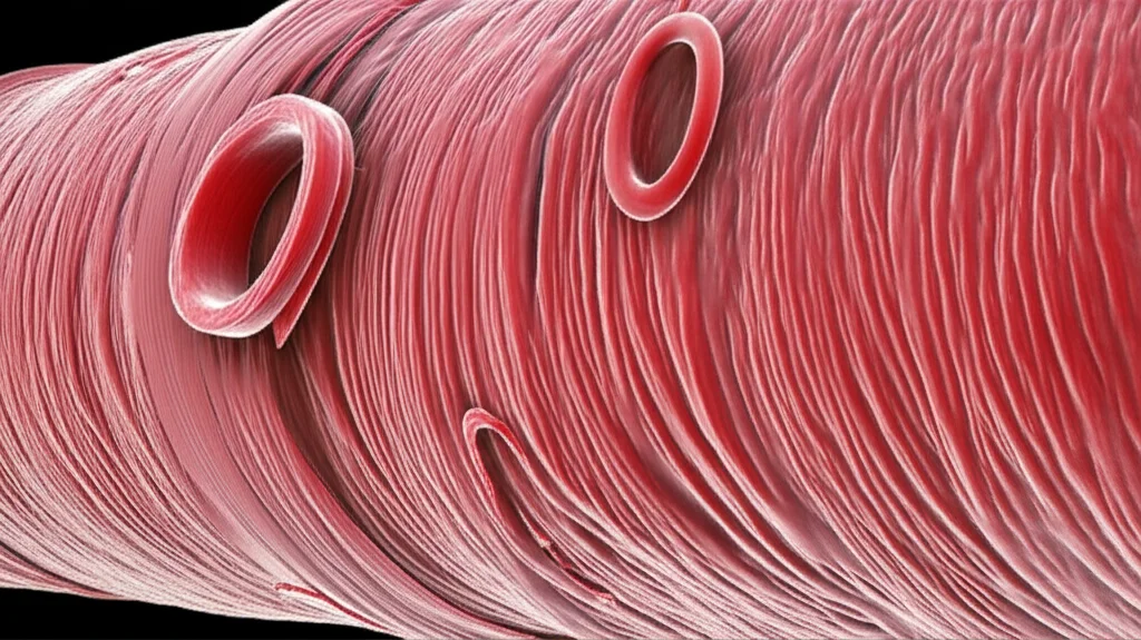 Microscopic view of blood vessels showing smooth muscle contraction and relaxation, macro lens, 105mm, high detail, precise focusing, controlled lighting.