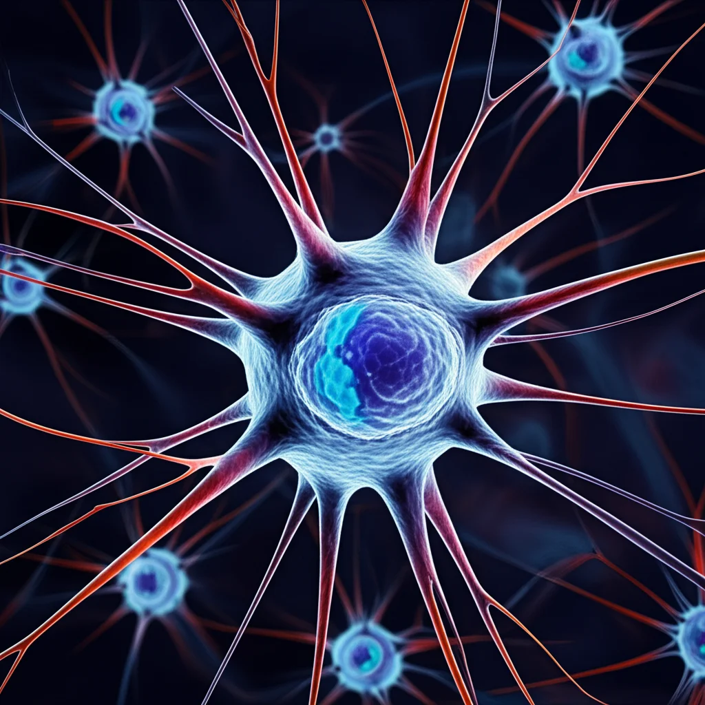 Objects: Stylized representation of astrocytes with different capacities to retain spermidine molecules, macro lens, high detail, controlled lighting.