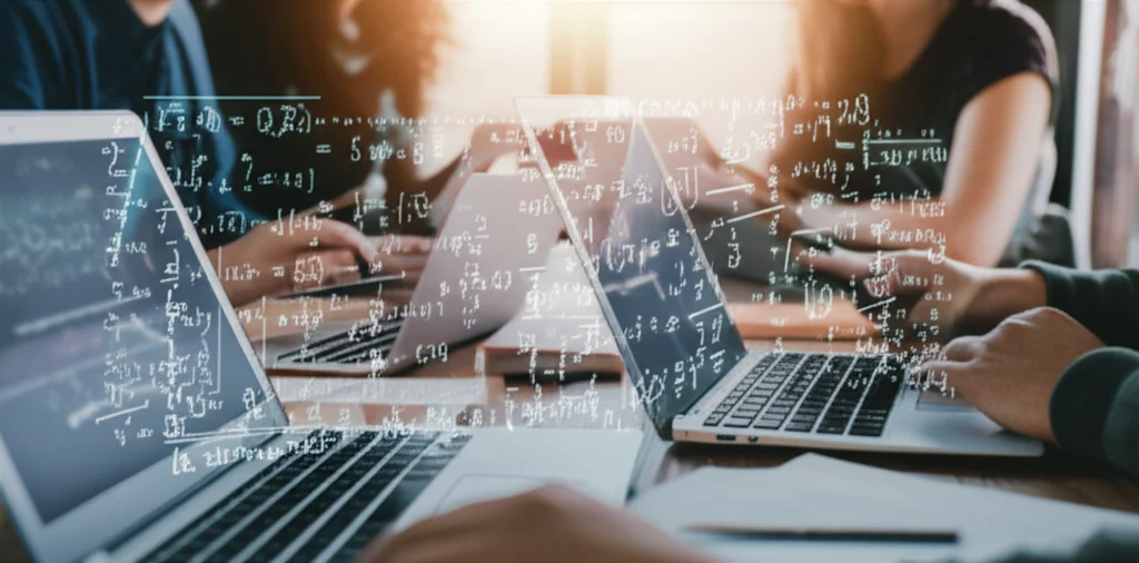 A diverse group of teachers collaborating on laptops and tablets, mathematical symbols appearing on screens, digital interface elements, 24mm lens, depth of field.