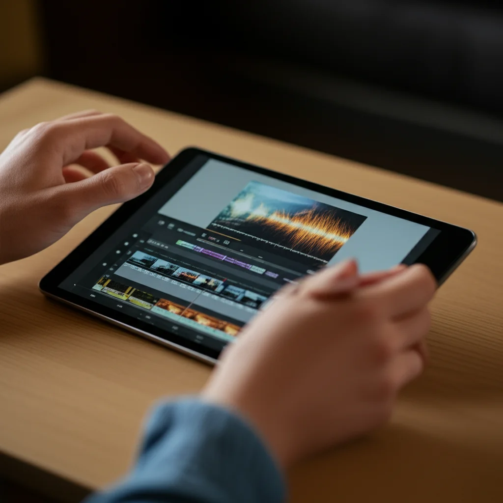 Close-up of hands editing a video on a tablet, showing layers of video clips, text, and sound waveforms, 60mm macro lens, high detail, precise focusing.