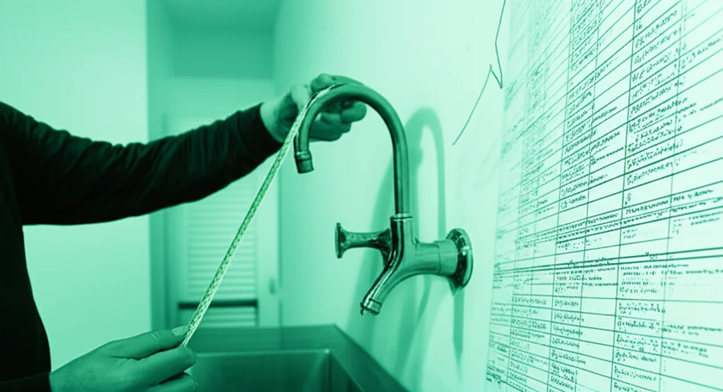 A split screen showing a person measuring water usage at home on one side and mathematical graphs and data tables on the other, 35mm portrait lens, duotone (blue and green).