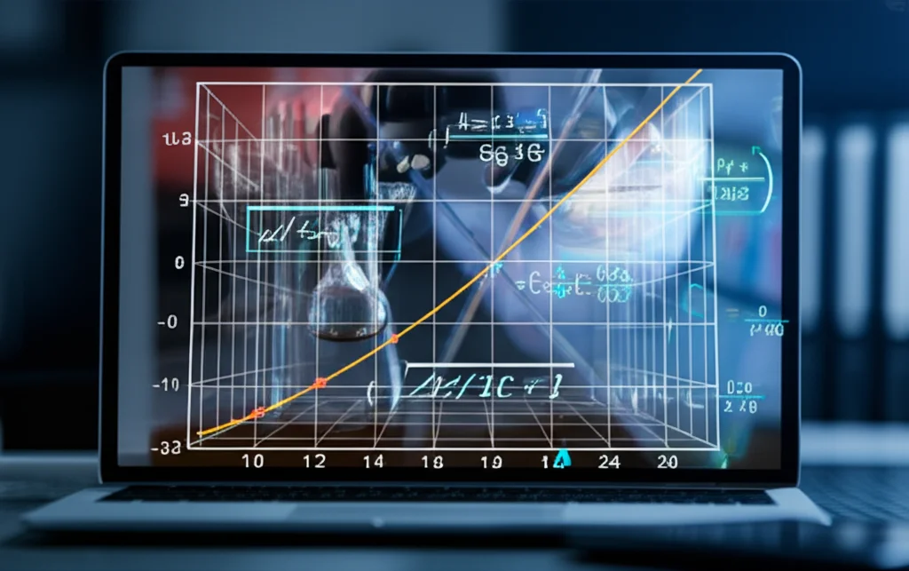 A screen displaying a complex mathematical function graph overlaid onto a video of a science experiment, highlighting key points with digital annotations, 100mm macro lens, high detail, controlled lighting.
