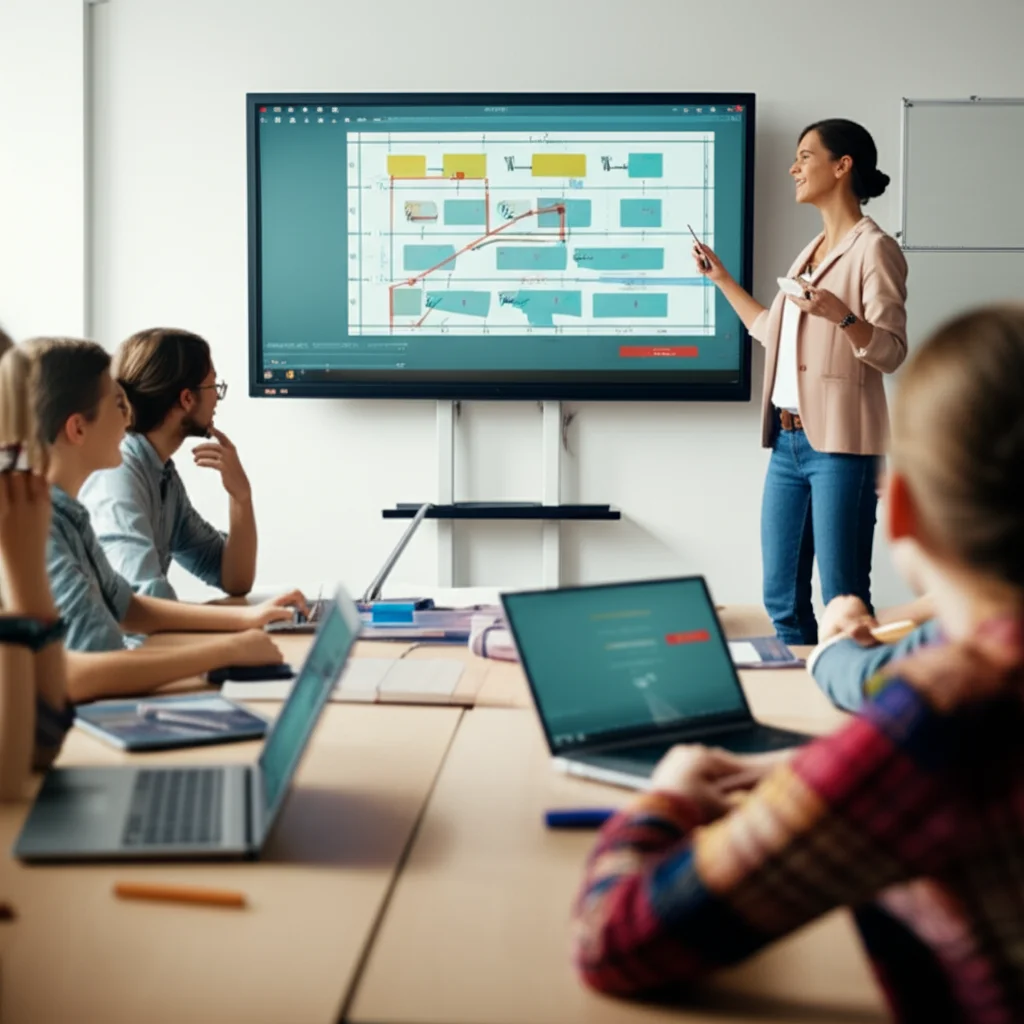 A teacher presenting a video lesson on a large screen in a classroom, students watching attentively, digital interfaces visible, 24mm lens, depth of field.