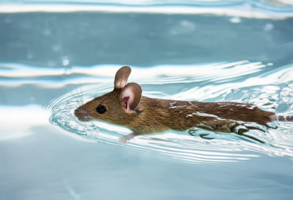 Photorealistic image of a mouse navigating a water maze, telephoto zoom, 100mm, fast shutter speed, action tracking.