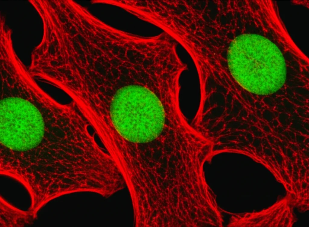 Macro photography of stained brain cells showing activated microglia (glowing green or red), 60mm Macro lens, high detail, precise focusing, controlled lighting.