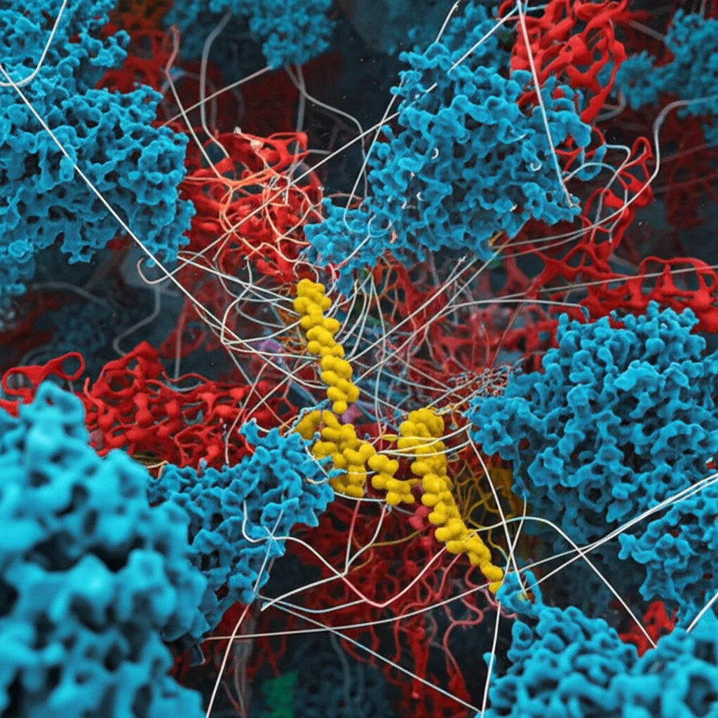 Photorealistic rendering of complex protein interactions representing cellular signaling pathways, high detail, controlled lighting.