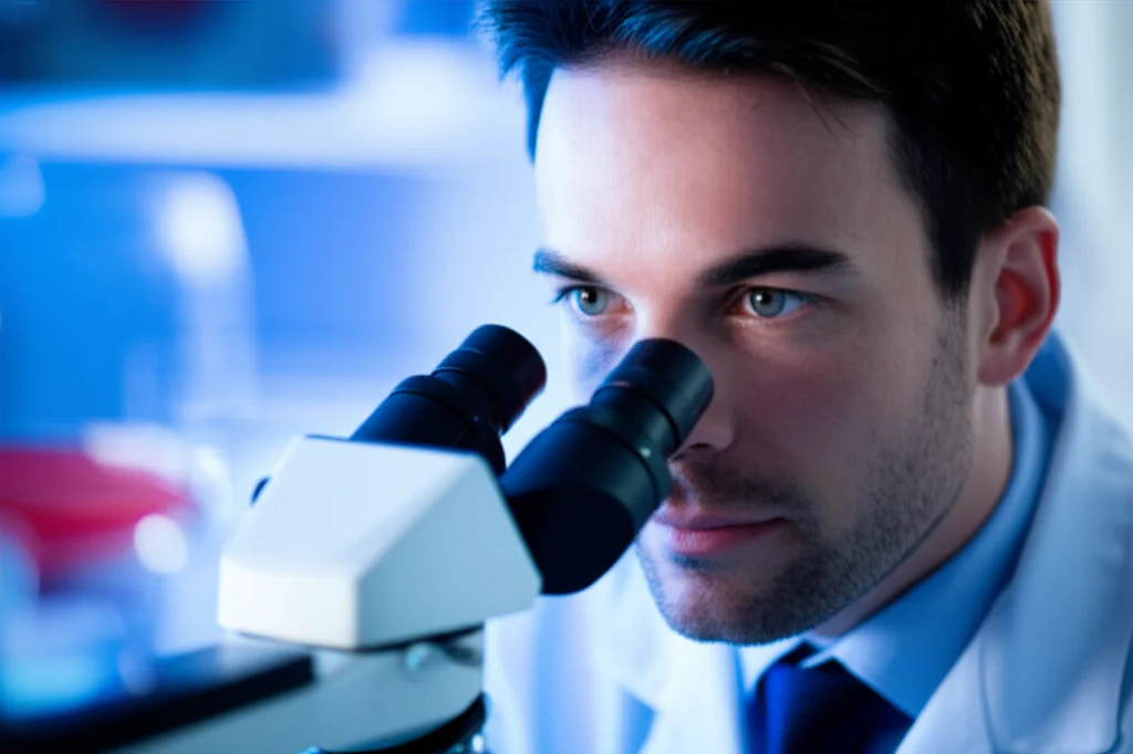 Photorealistic image of a scientist looking hopefully at a petri dish under a microscope, 35mm portrait, depth of field.