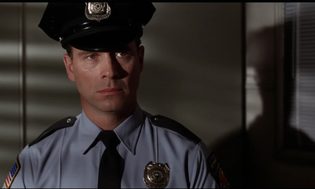 Portrait of a police officer looking weary after a long shift, 35mm portrait, film noir style.