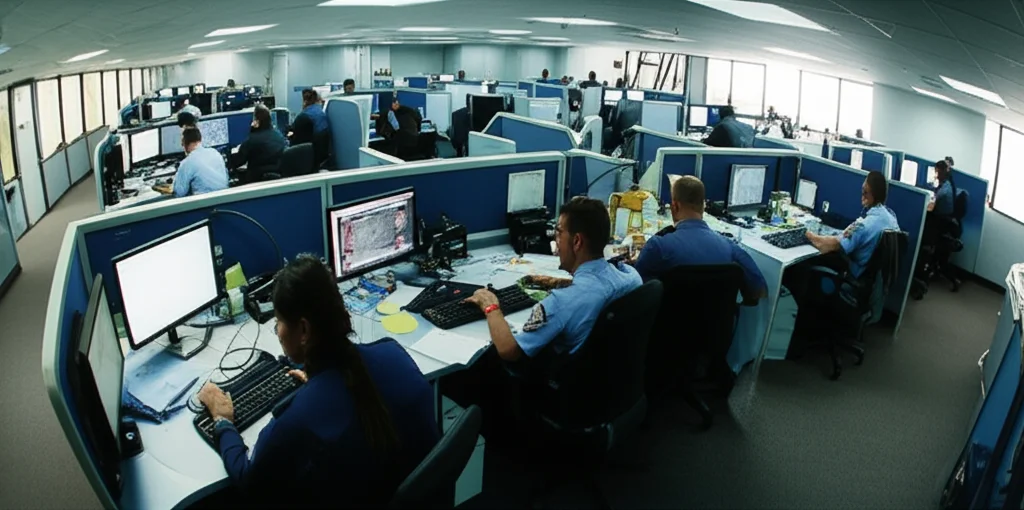 Wide-angle shot of a police station interior, showing officers working at desks, 24mm wide-angle lens, capturing the busy environment.