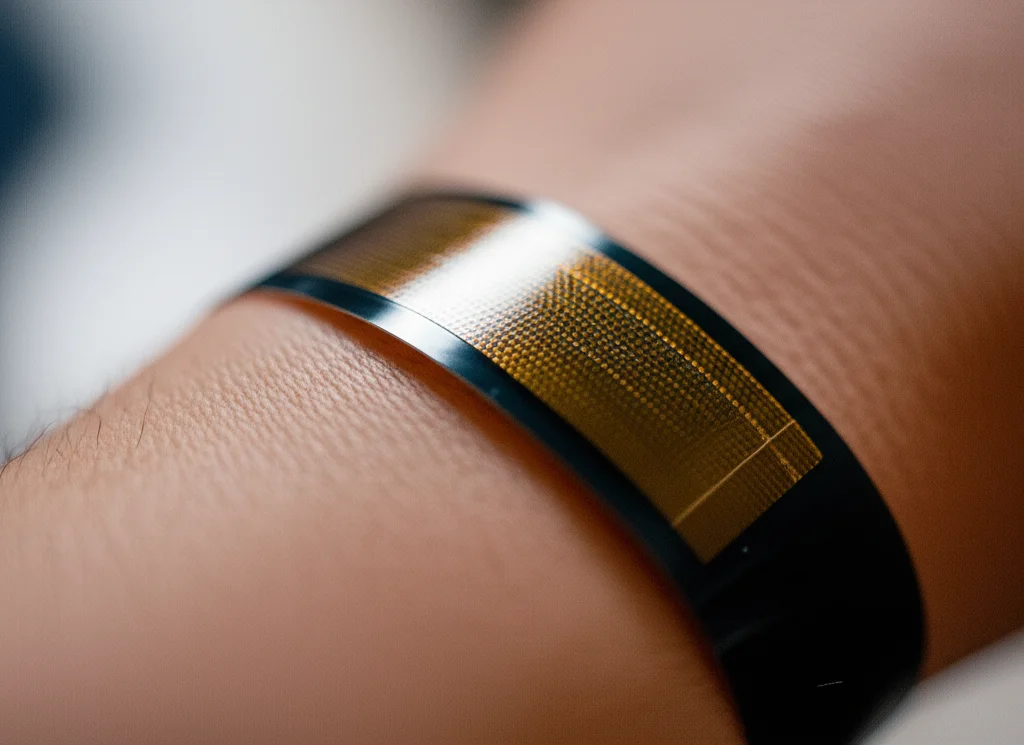 A close-up, 35mm portrait shot of a flexible sensor device gently resting on a person's wrist, showing the textured surface and lightweight design with a shallow depth of field.