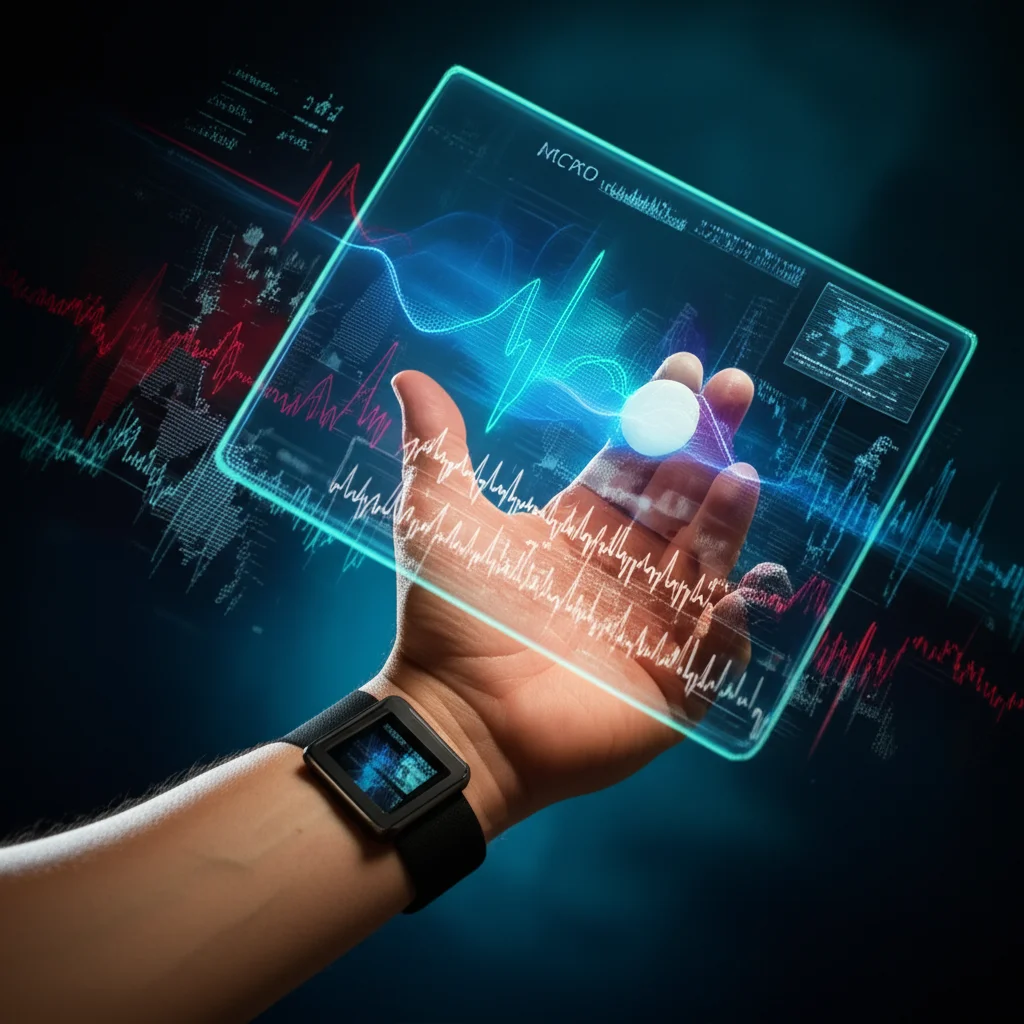 A macro lens, 100mm shot visualizing data flow from a wrist-worn sensor, showing abstract pulse waveforms transforming into classified respiratory states on a digital interface, with controlled lighting and high detail.