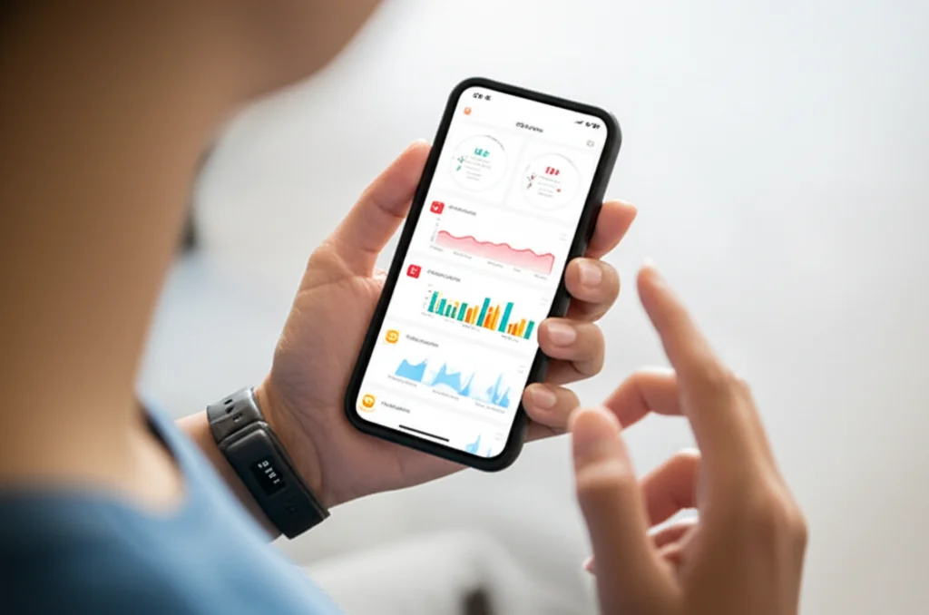 A 24mm portrait showing a person wearing the lightweight wrist sensor, looking at a mobile app displaying real-time respiratory data graphs, with a shallow depth of field focusing on the device and screen.