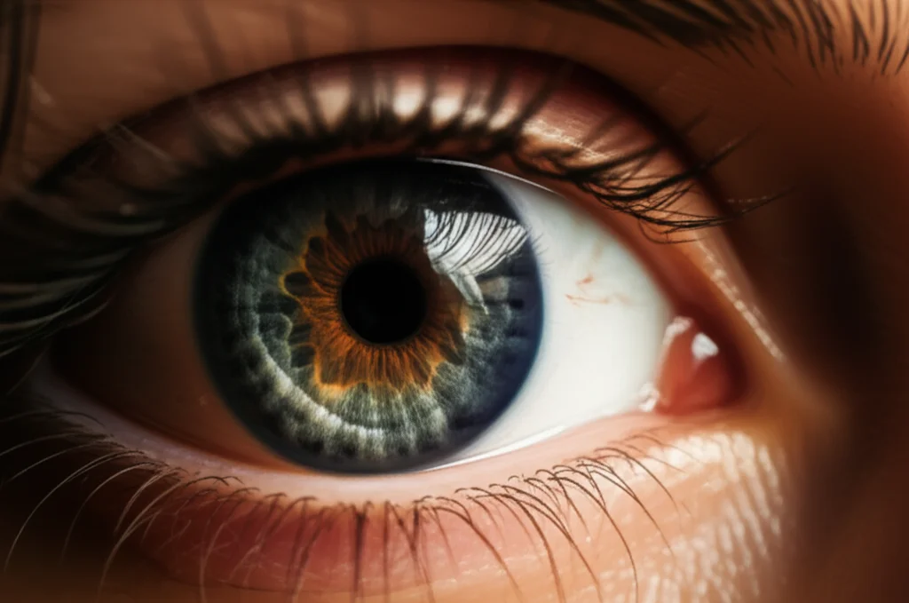 A photorealistic portrait of a person's eye looking intently at something off-screen, showing detail in the iris and reflections, 35mm portrait, depth of field.