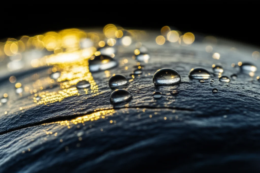 Photorealistic macro lens 60mm image of water droplets on a rock surface, high detail, precise focusing, controlled lighting, symbolizing groundwater interaction with geology.
