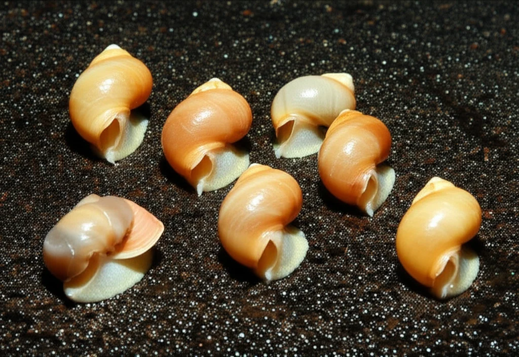 Several marine snails arranged in groups, representing different populations along a coast, precise focusing, controlled lighting.