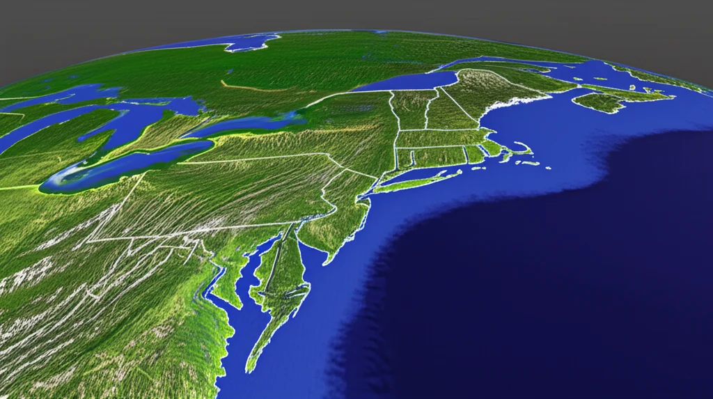 A wide-angle map showing the Northeast coast of the United States with several distinct points marked along the coastline, landscape wide angle 10mm, sharp focus.