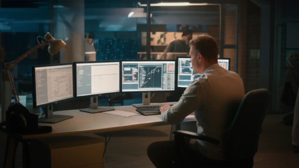 Photorealistic image: A researcher sitting in a modern office, reviewing complex data on multiple screens, 24mm zoom lens, high detail, controlled lighting, research environment.