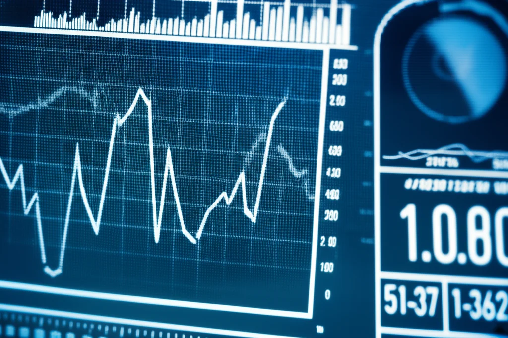 Photorealistic image: A close-up view of a complex medical chart or digital display showing graphs and numerical data, macro lens, 100mm, high detail, precise focusing, controlled lighting.