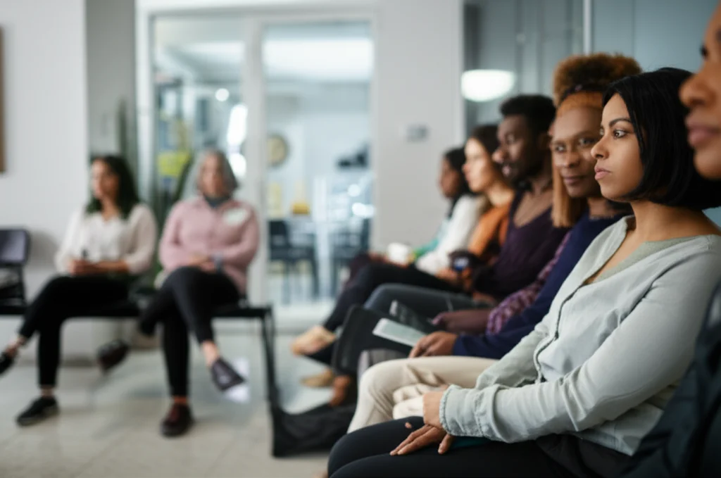 Photorealistic image: A diverse group of people in a clinic waiting area, subtle depth of field, 35mm portrait lens, controlled lighting, hopeful atmosphere.