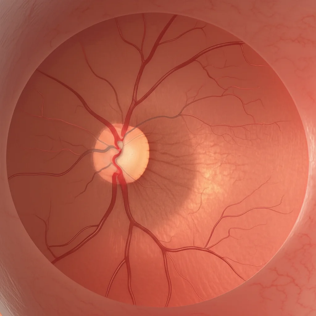 Medical illustration depicting persistent avascular retina in an infant's eye, showing an undeveloped area, high detail, 105mm macro lens.