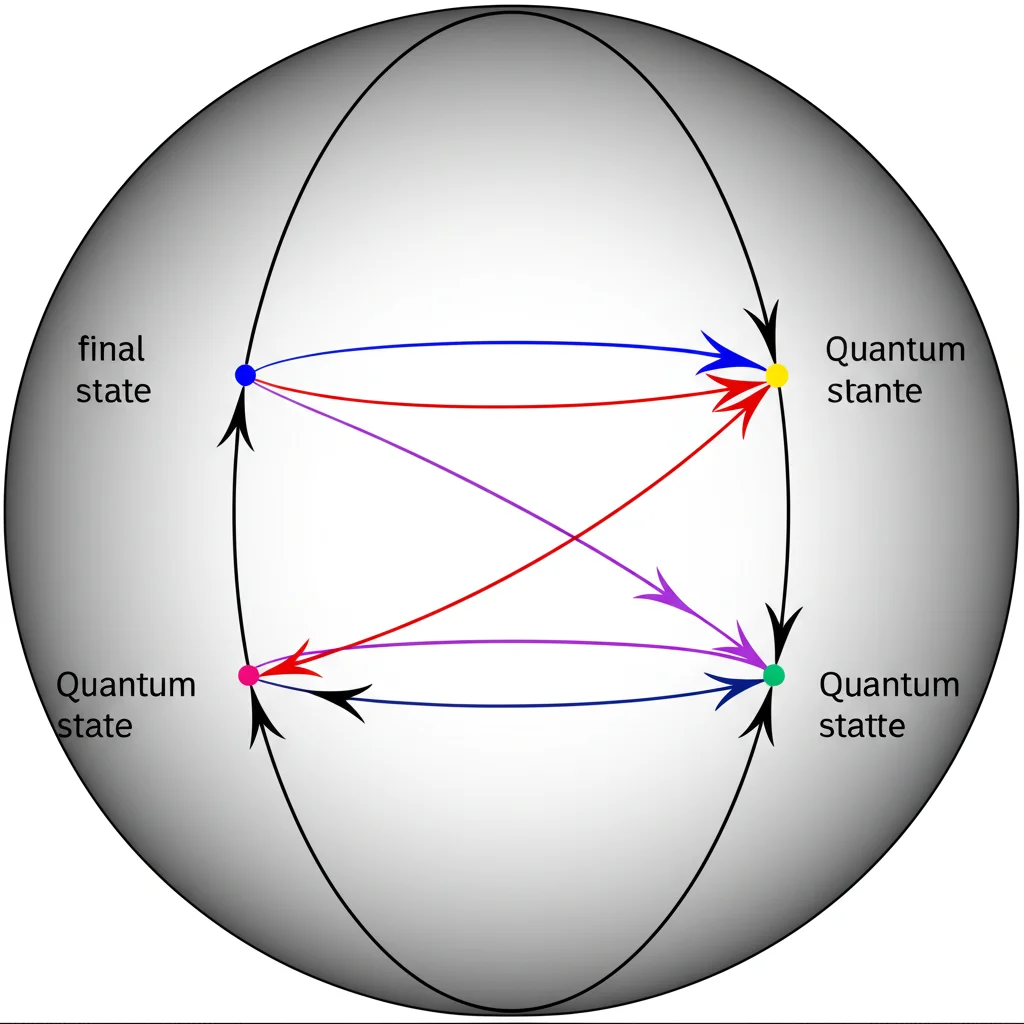 Conceptual diagram illustrating quantum state evolution on a Bloch sphere, showing initial, intermediate, and final states connected by curved arrows representing quantum gates, wide-angle lens, sharp focus.