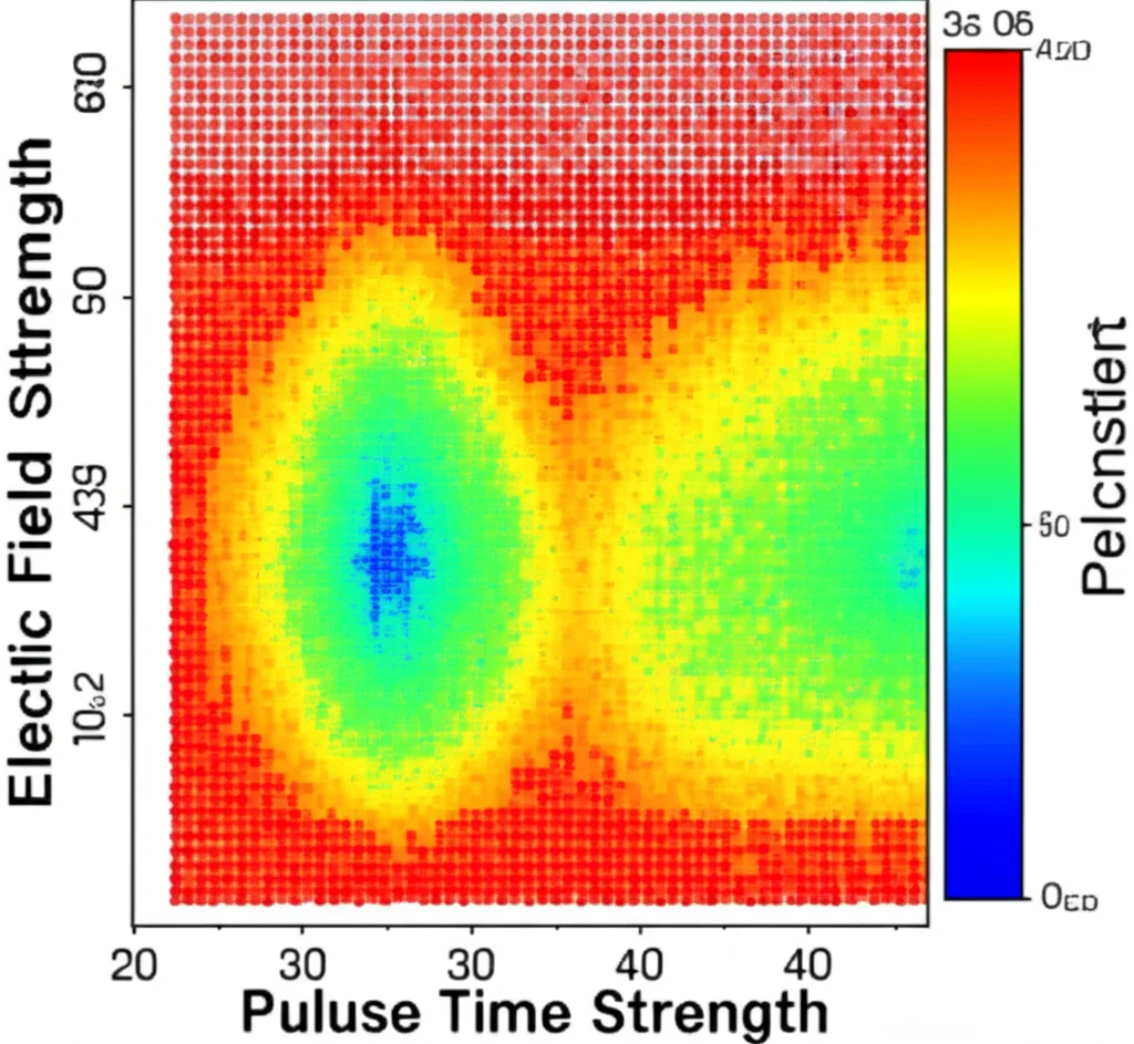 Data visualization showing a density map of quantum state population as a function of experimental parameters like pulse time and electric field strength, precise focusing, controlled lighting.