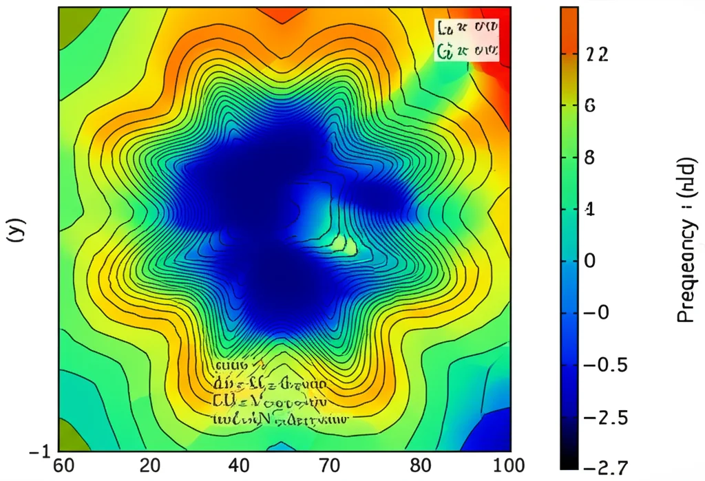 Scientific simulation data visualized as a contour plot or density map showing quantum sensing signal strength versus external field frequency and pulse parameters, high detail, precise focusing.