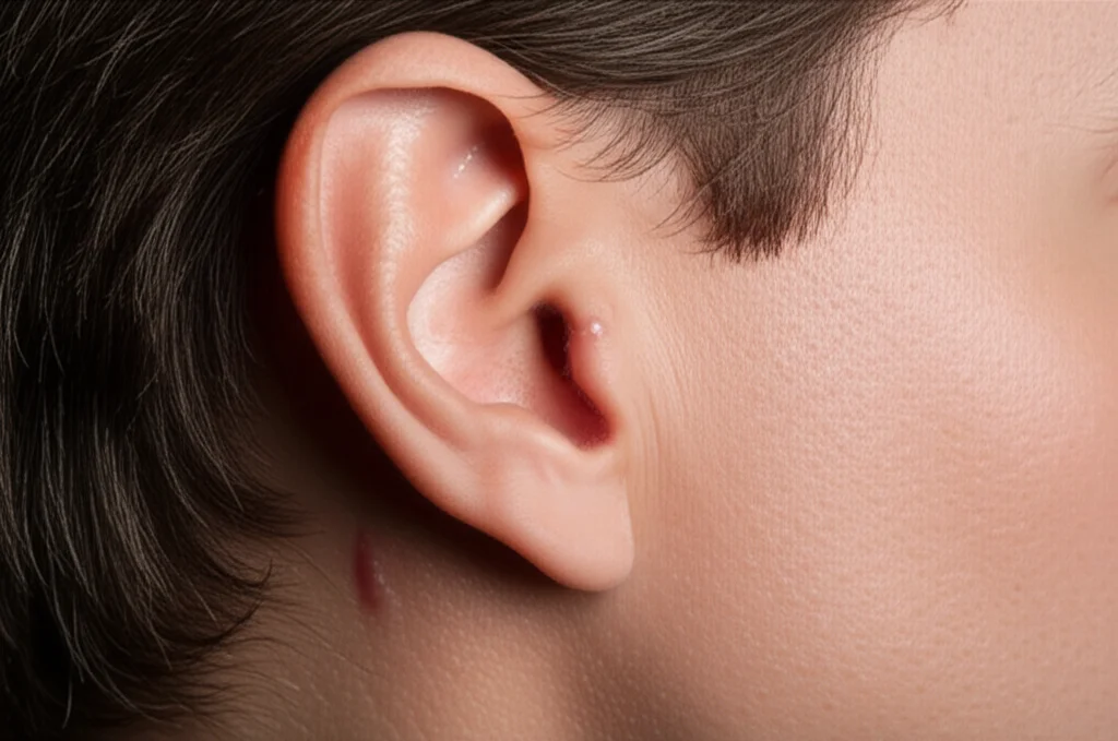 Close-up portrait of a human ear showing a well-healed surgical scar, 35mm portrait, high detail, precise focusing, controlled lighting.