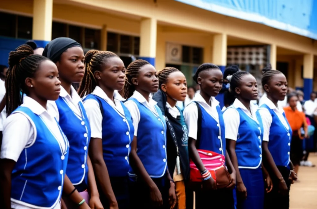 A group of diverse secondary school students in Nsukka, Nigeria, standing together in a school courtyard, looking engaged. 35mm portrait, depth of field, natural lighting.