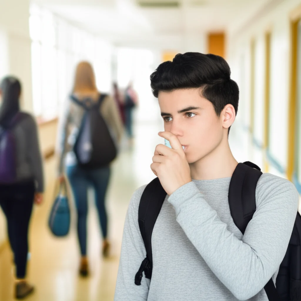 A secondary school student looking slightly self-conscious while using an inhaler discreetly in a busy school hallway. 35mm portrait, depth of field, slightly muted colors.
