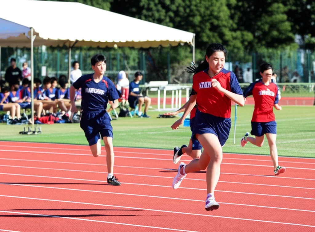 Secondary school students participating in a track and field event on a sunny day, showing movement and energy. Telephoto zoom 100-400mm, fast shutter speed, action tracking.