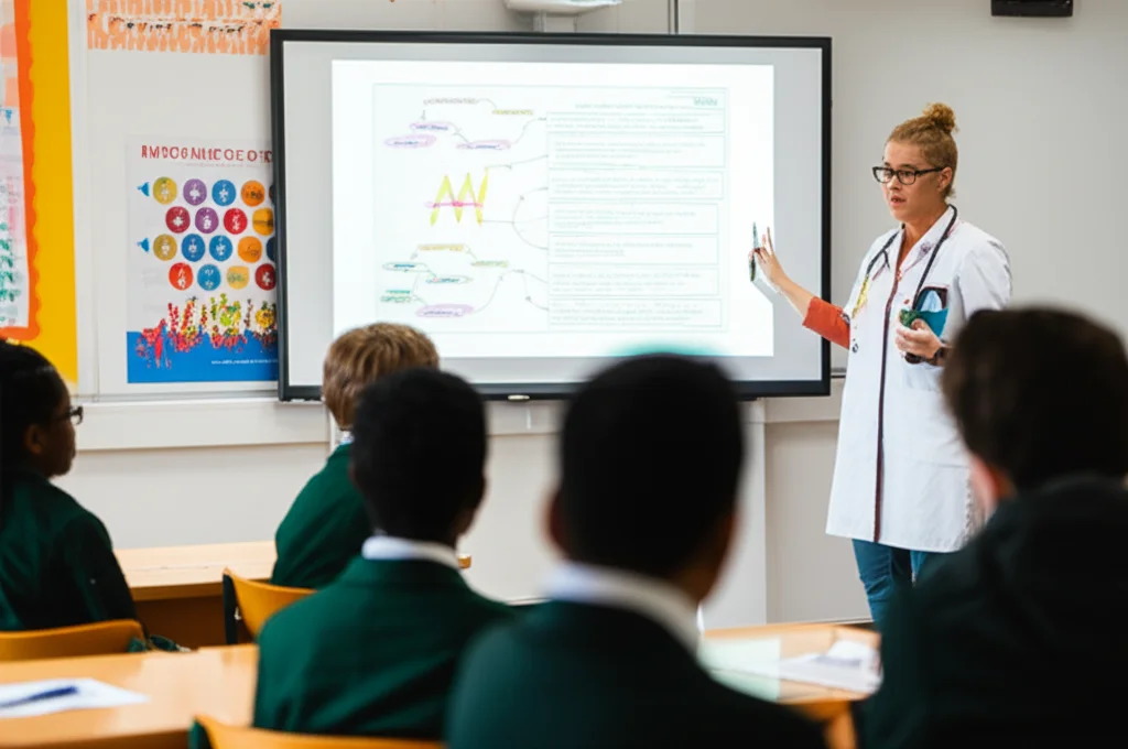 A healthcare professional or teacher speaking to a small group of secondary school students in a classroom setting, pointing to a diagram or presentation about health. 35mm portrait, depth of field, controlled lighting.