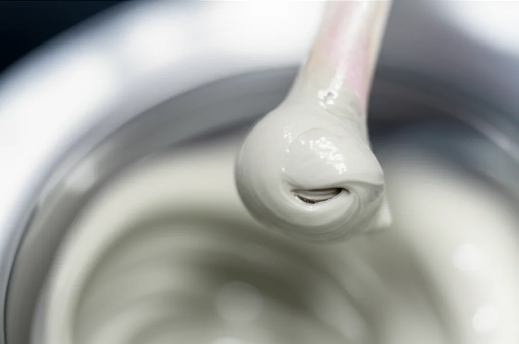 Close-up view of medical bone cement material being mixed, macro lens, 100mm, high detail, precise focusing, controlled lighting