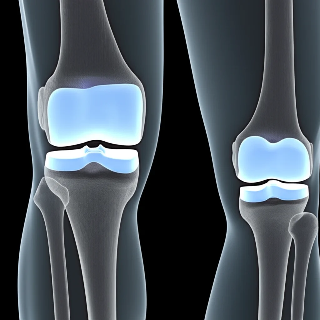 Representation of a knee joint with prosthetic implants fixed by bone cement, wide-angle lens, 24mm, sharp focus, detailed view of bone-cement interface