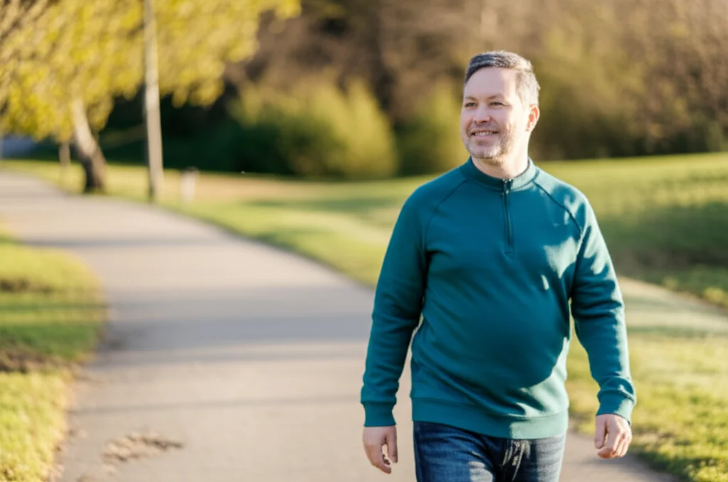 Portrait of a person walking comfortably outdoors after knee surgery, 35mm portrait, depth of field, natural lighting