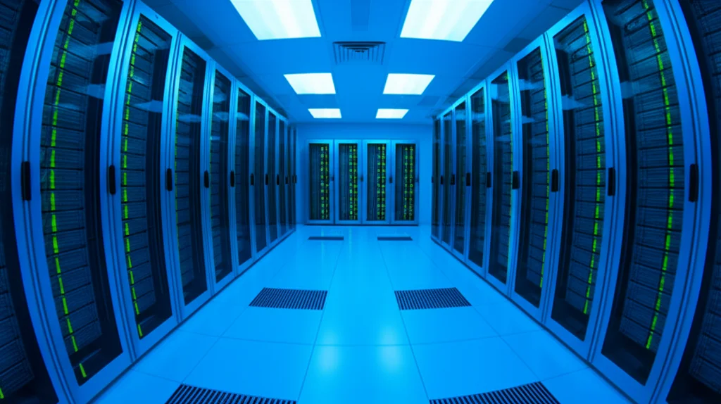 Wide-angle view of a server room or data center, symbolizing the use of large medical databases like MIMIC-IV for research. Wide-angle lens, 10mm, sharp focus.